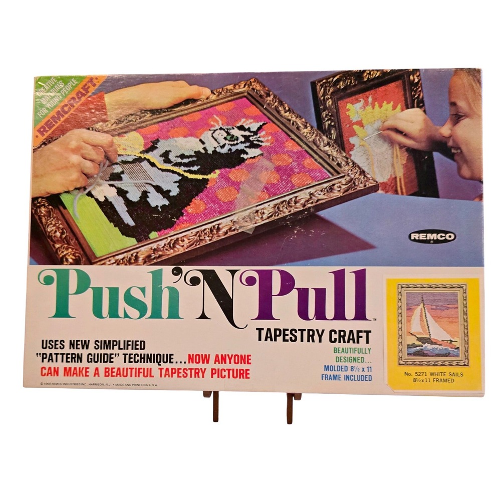 Vintage 1969 Remco Push N Pull Tapestry Craft Kit White Sails Started Board Game